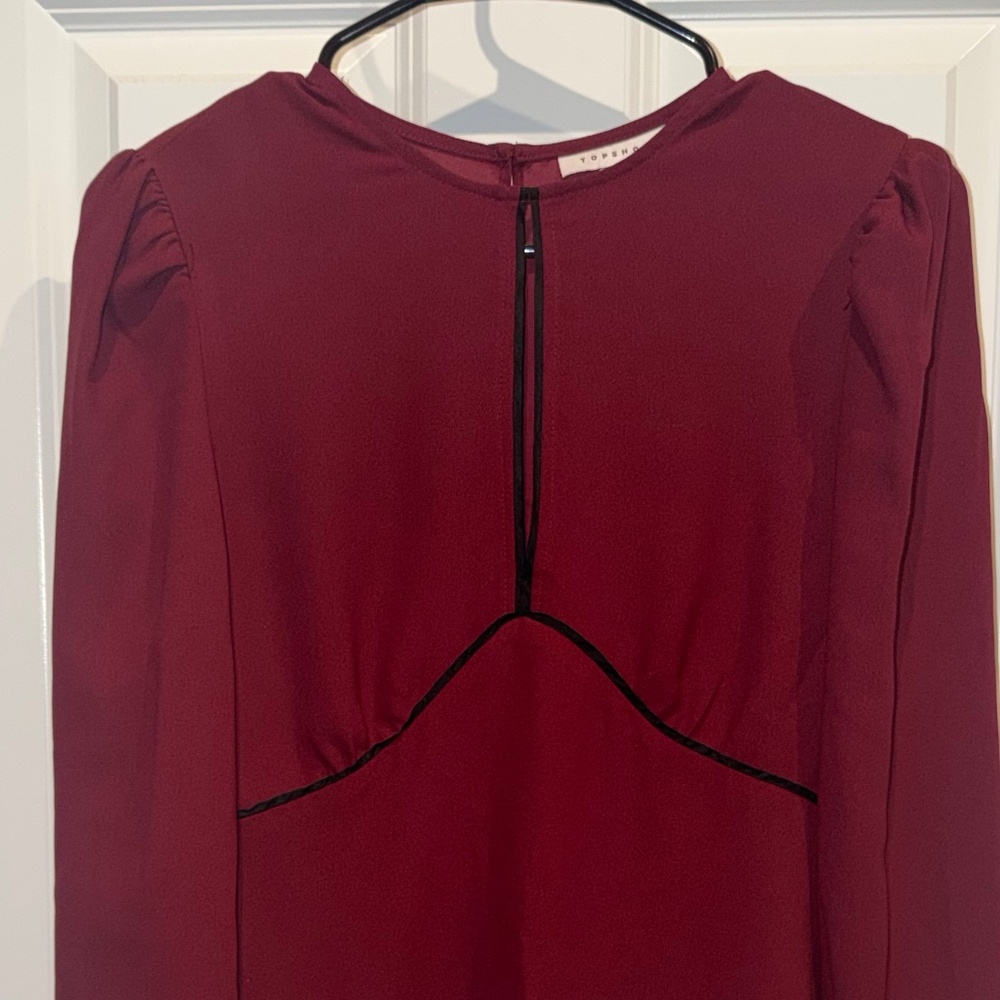 Topshop Burgundy Long Sleeve Blouse – Structured Waist, Puff Shoulders - US 4